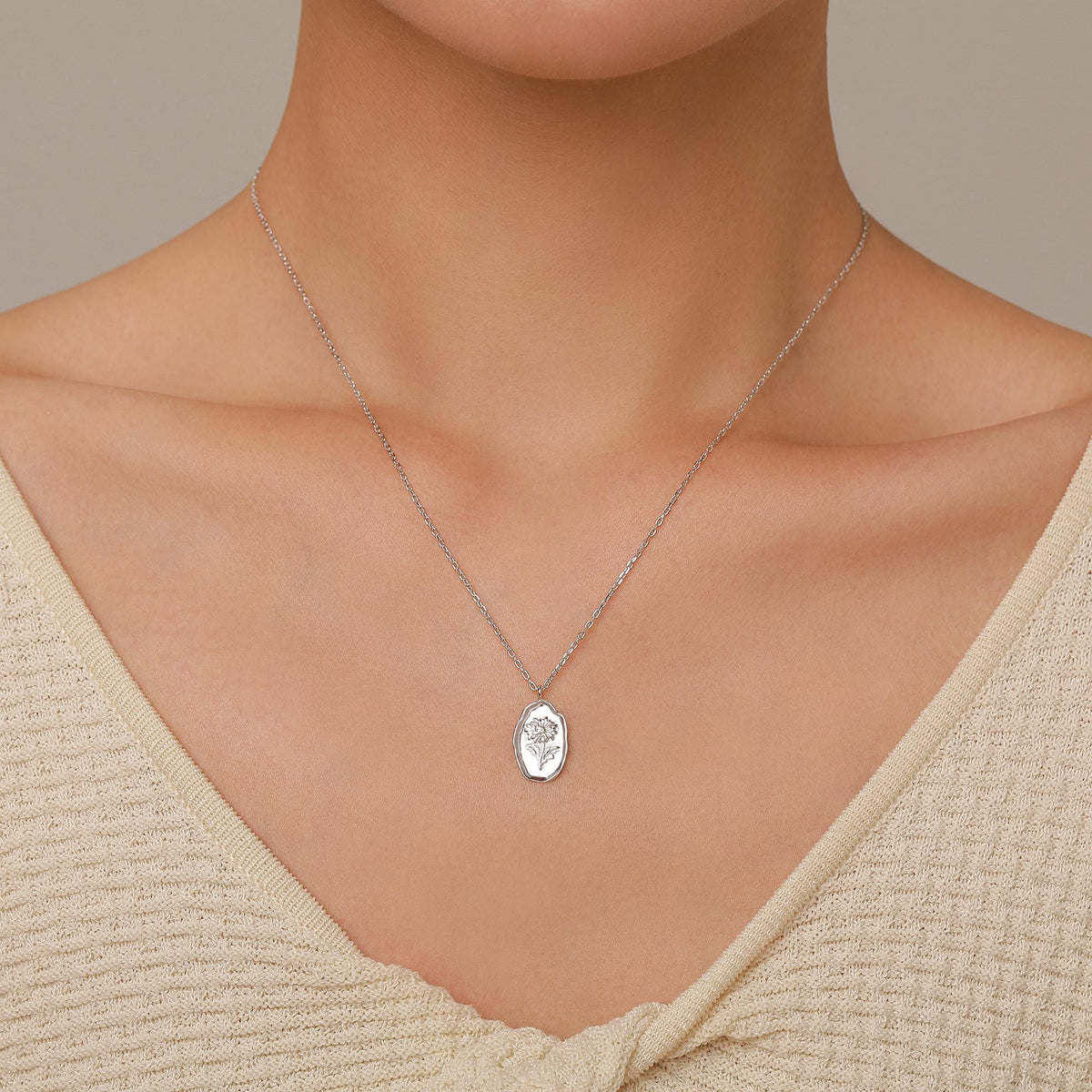 Chrysanthemum Birth Flower Oval Pendant Necklace
