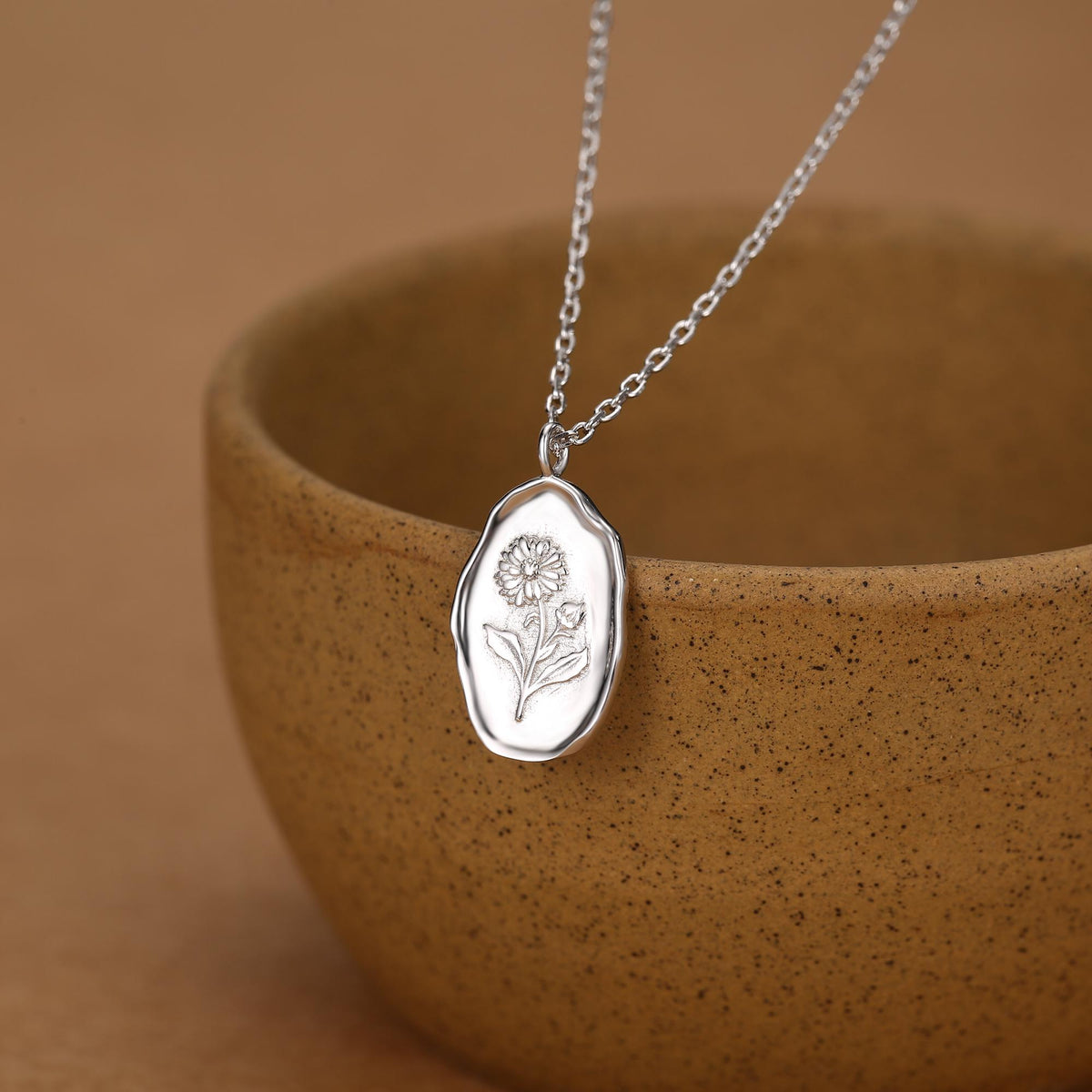 Aster Birth Flower Oval Pendant Necklace