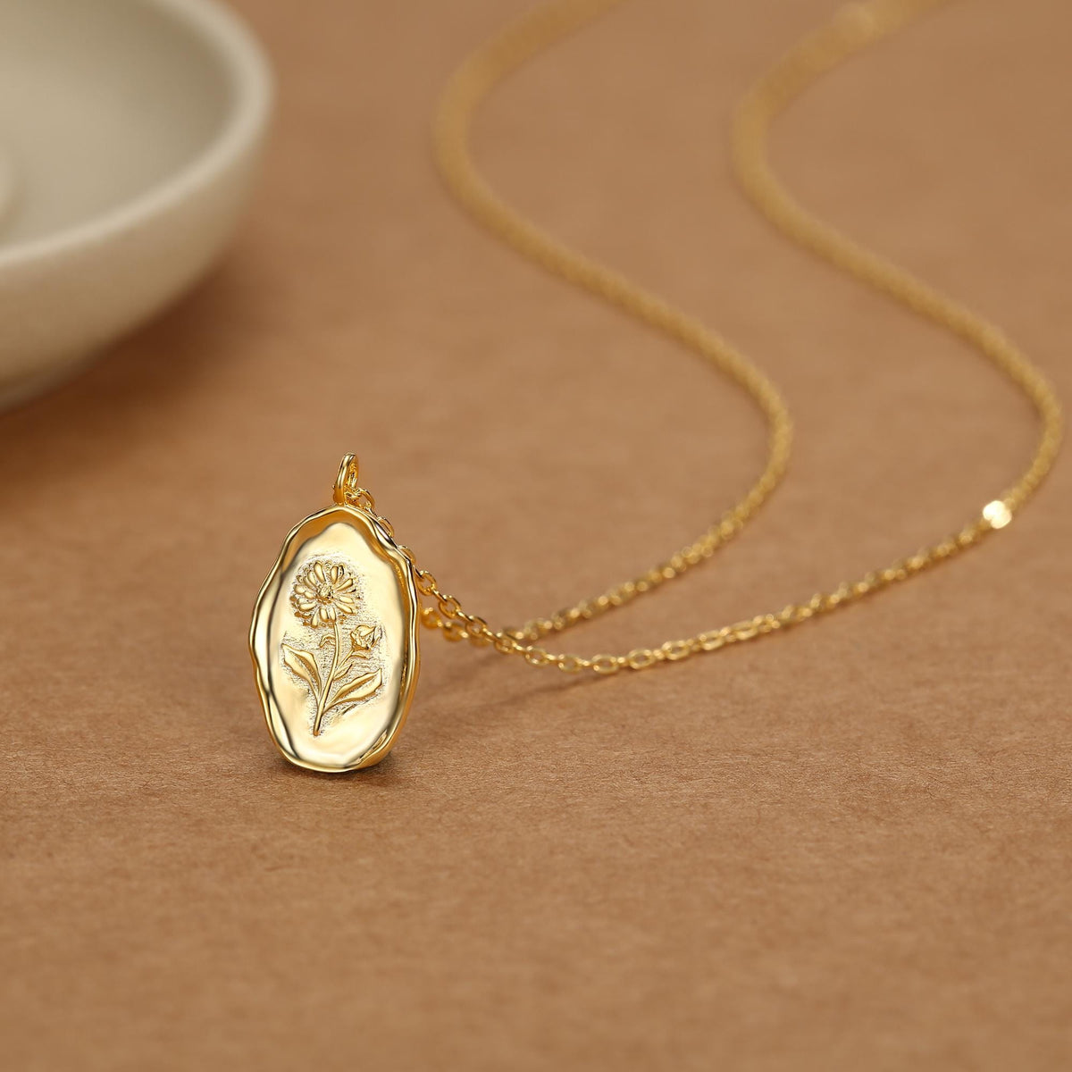 Aster Birth Flower Oval Pendant Necklace