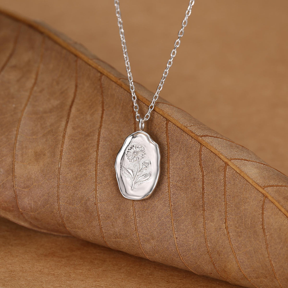 Aster Birth Flower Oval Pendant Necklace