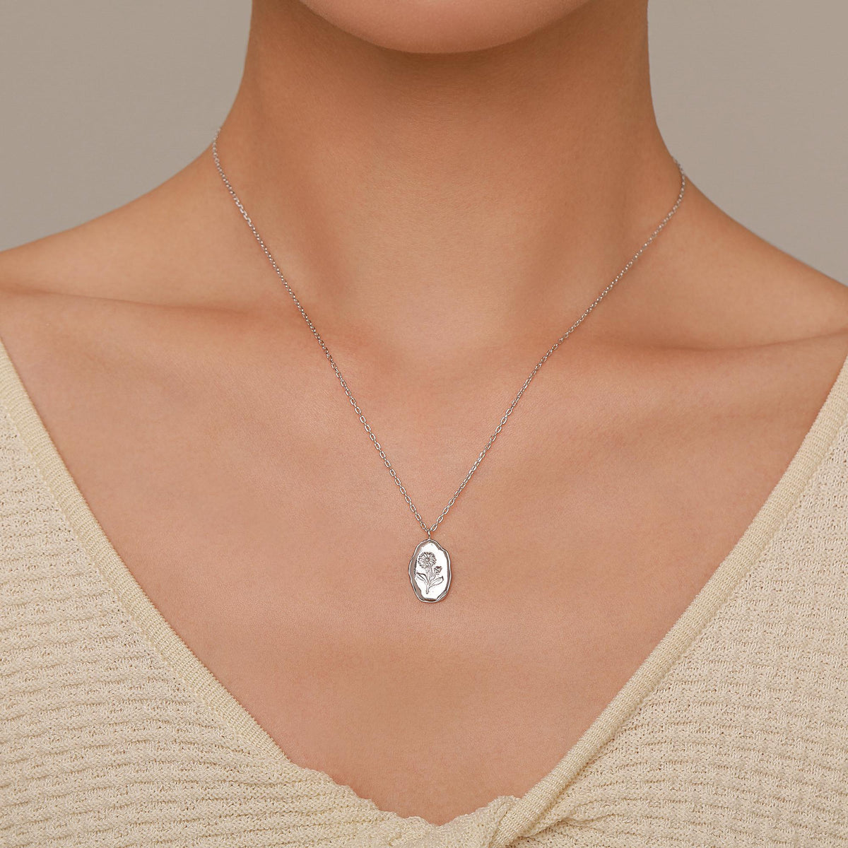 Aster Birth Flower Oval Pendant Necklace