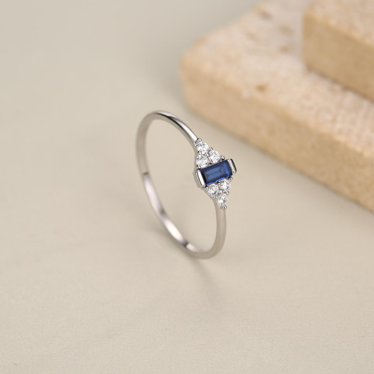 Vintage Sapphire Blue Baguette Gemstone Ring with CZ Accents