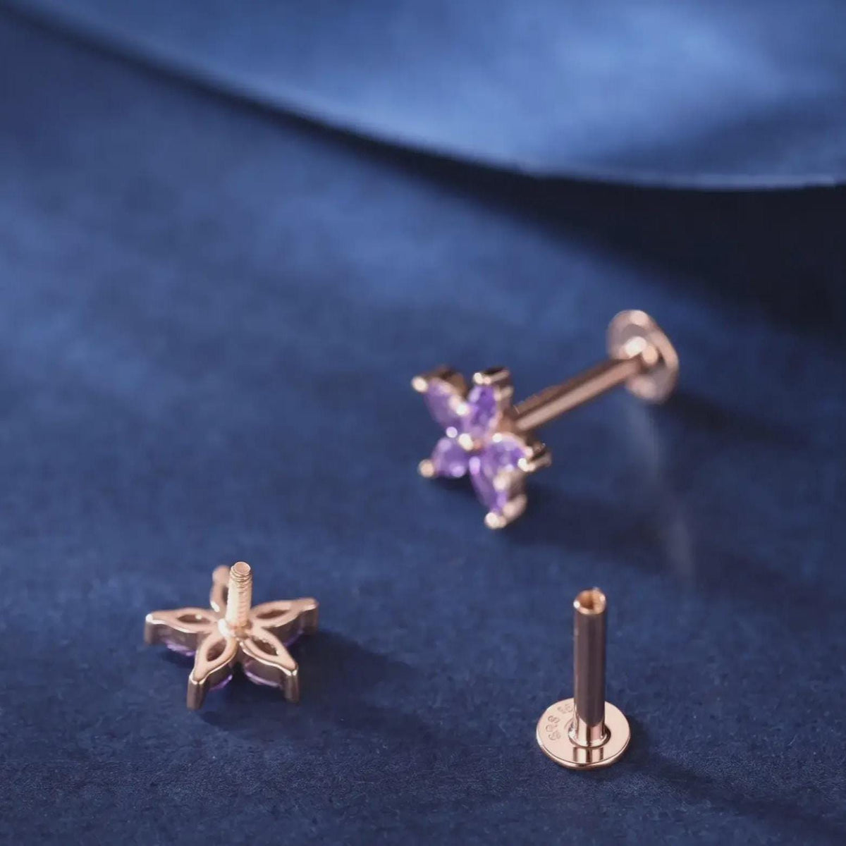 Purple Amethyst CZ Flower 16G Flat Back Stud Earrings