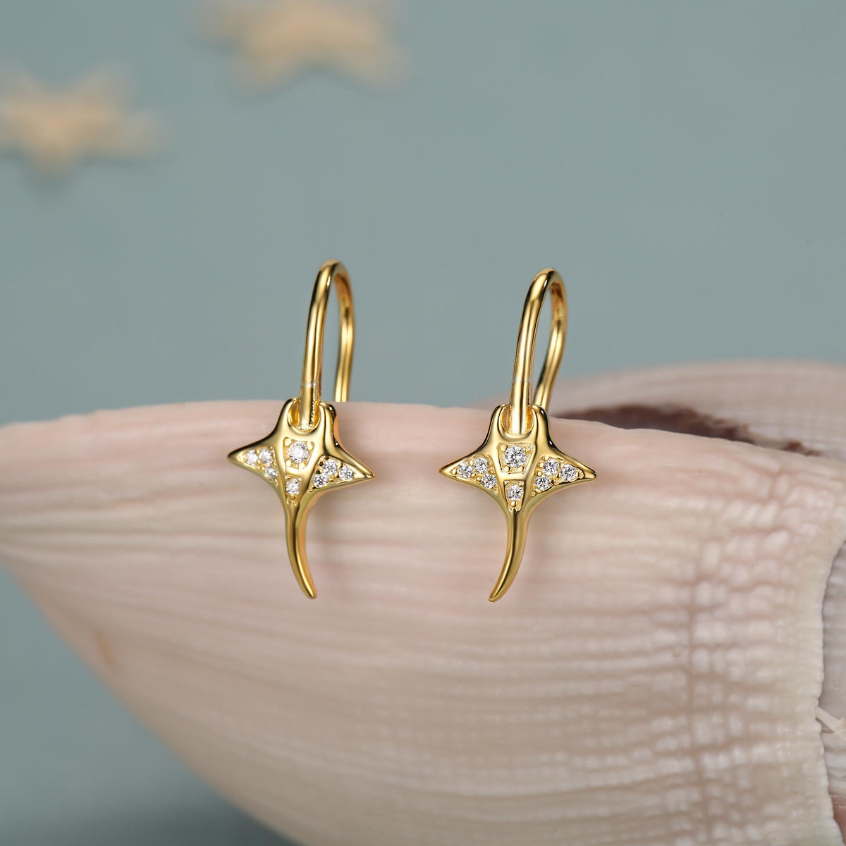 Sterling Silver Manta Ray Fish Drop Hook Earrings with CZ, Stingray Dangle Hoop Earrings, Dainty Zircon Fish Dangle Earrings