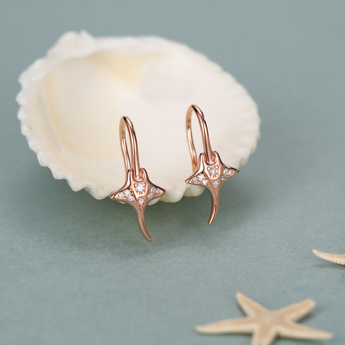 Sterling Silver Manta Ray Fish Drop Hook Earrings with CZ, Stingray Dangle Hoop Earrings, Dainty Zircon Fish Dangle Earrings
