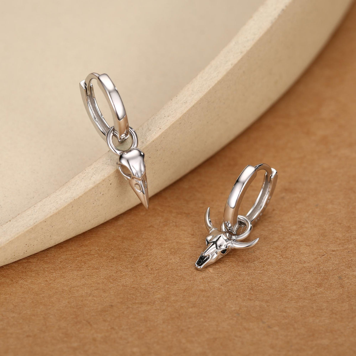 Mismatched Bull Skull and Bird Skull Hoop Earrings
