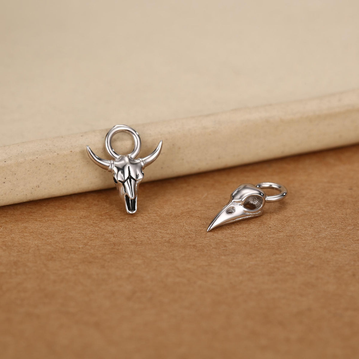 Sterling Silver Mismatched Bird and Bull Skull Earring Charms for Hoop Earrings
