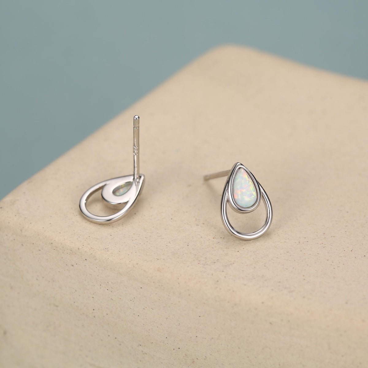 White Opal Droplet Stud Earrings in Sterling Silver, Silver or Gold, Lab Opal Earrings, Double Droplet Stud, Pear Cut Opal Stud