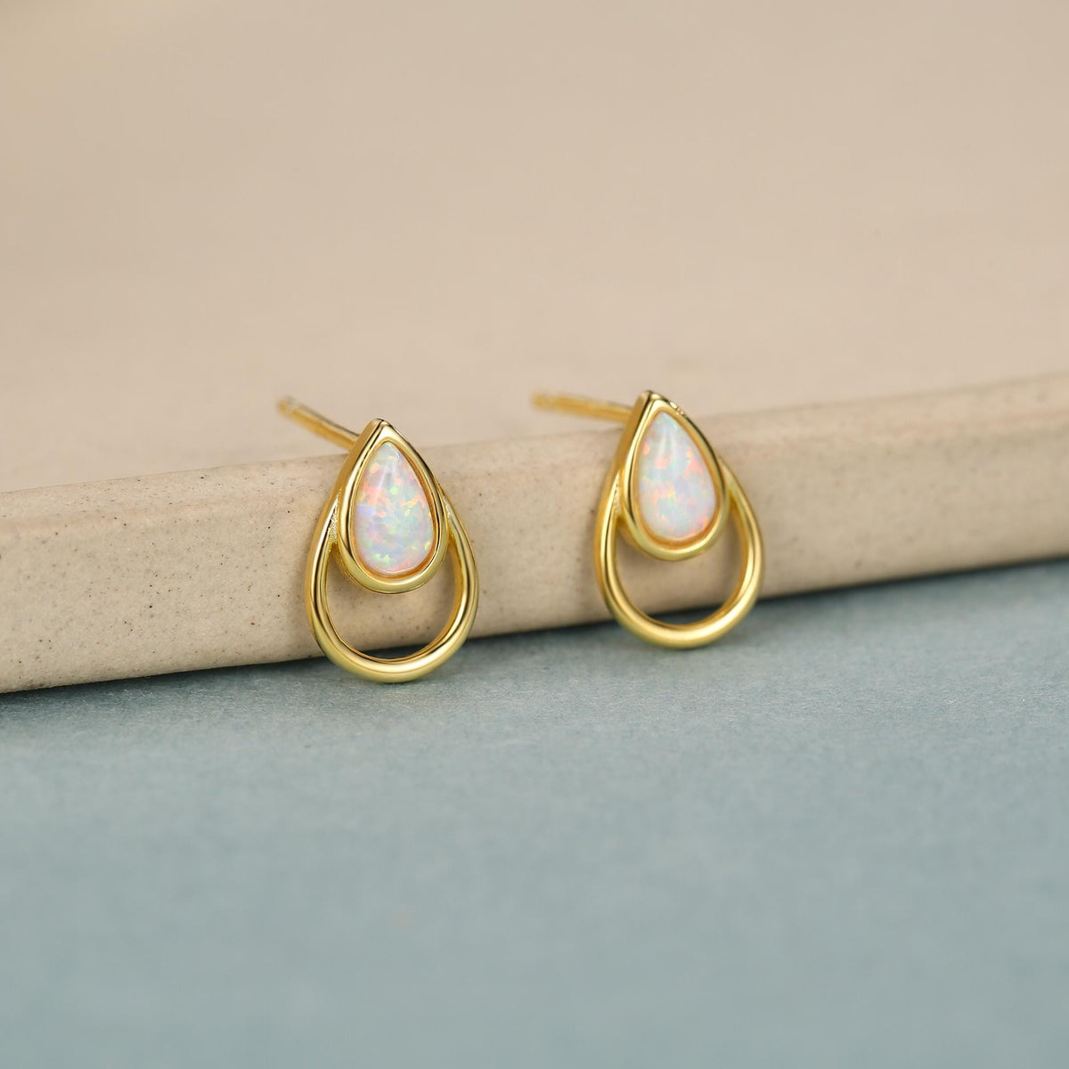 White Opal Droplet Stud Earrings in Sterling Silver, Silver or Gold, Lab Opal Earrings, Double Droplet Stud, Pear Cut Opal Stud