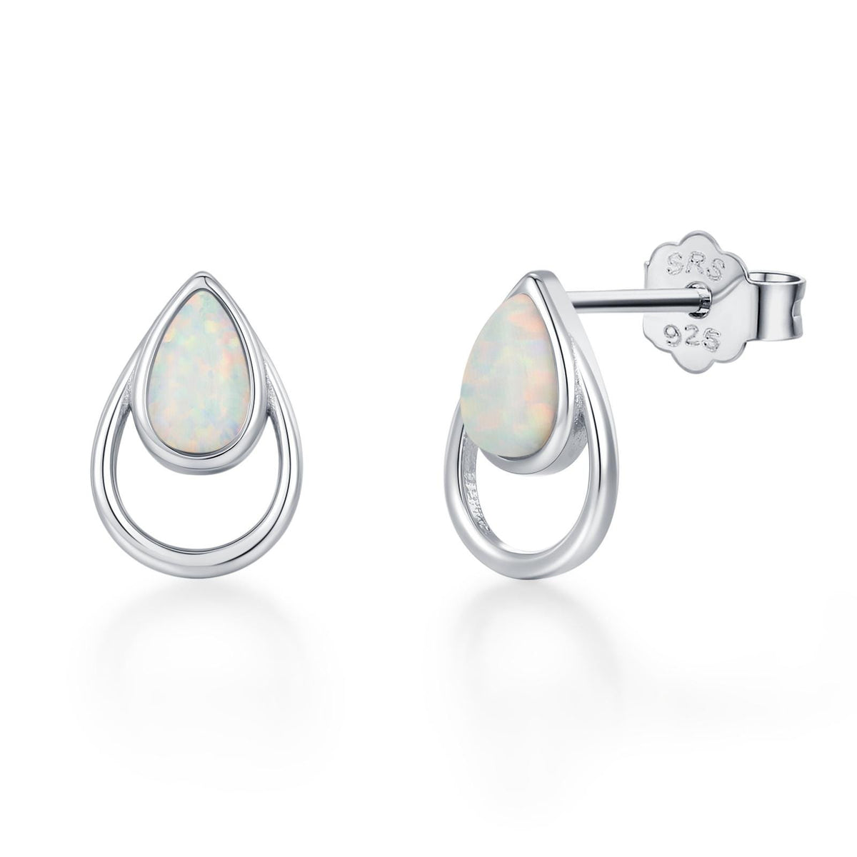 White Opal Droplet Stud Earrings in Sterling Silver, Silver or Gold, Lab Opal Earrings, Double Droplet Stud, Pear Cut Opal Stud