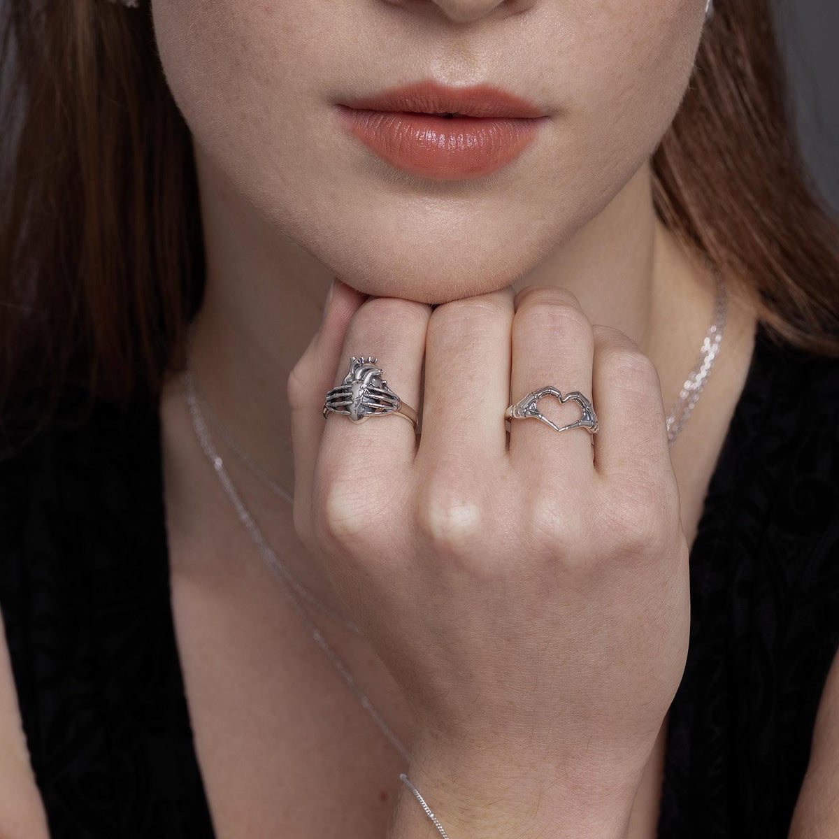 Gothic Skeleton Hands Heart Motif Ring
