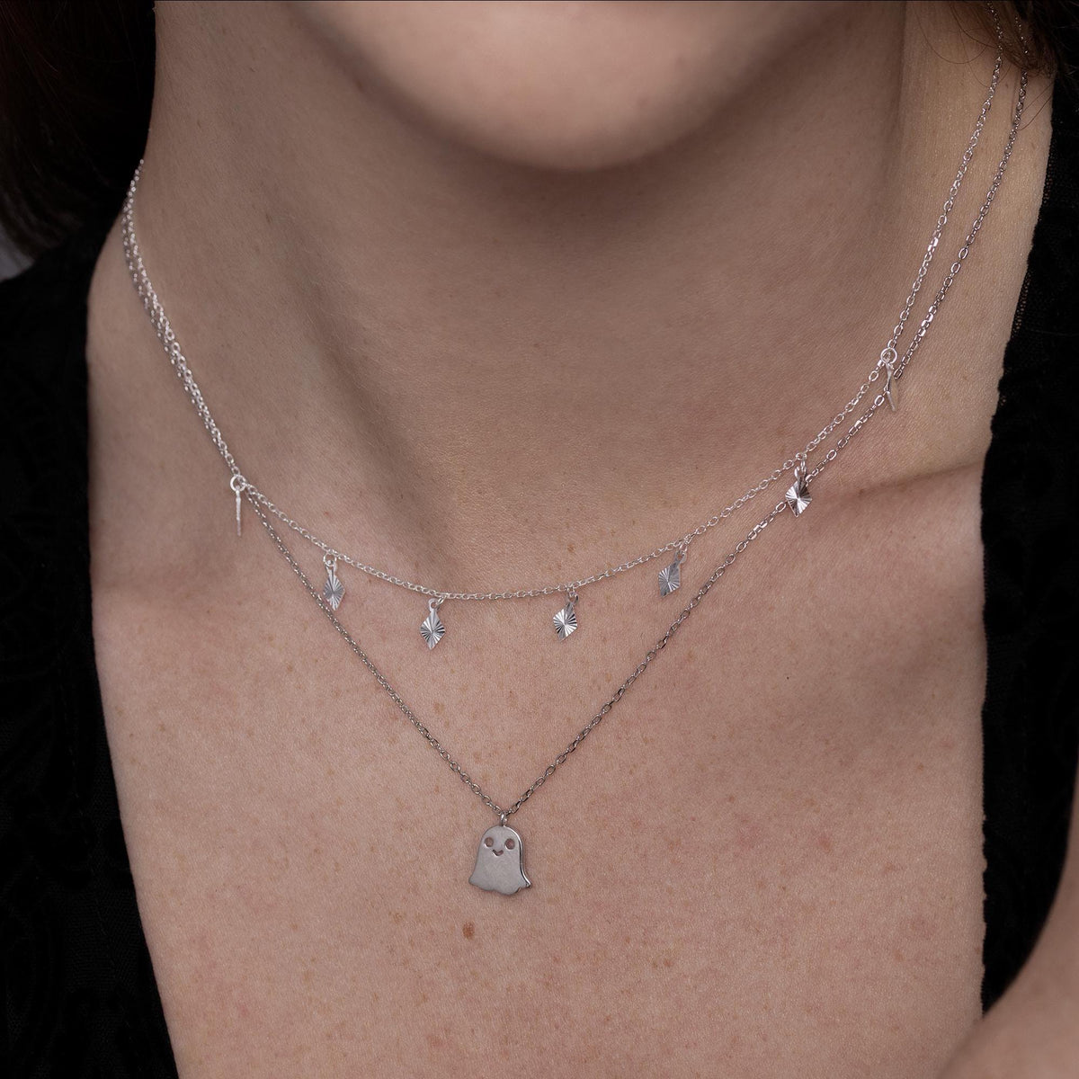 Sterling Silver Diamond Charm Dangle Choker Necklace