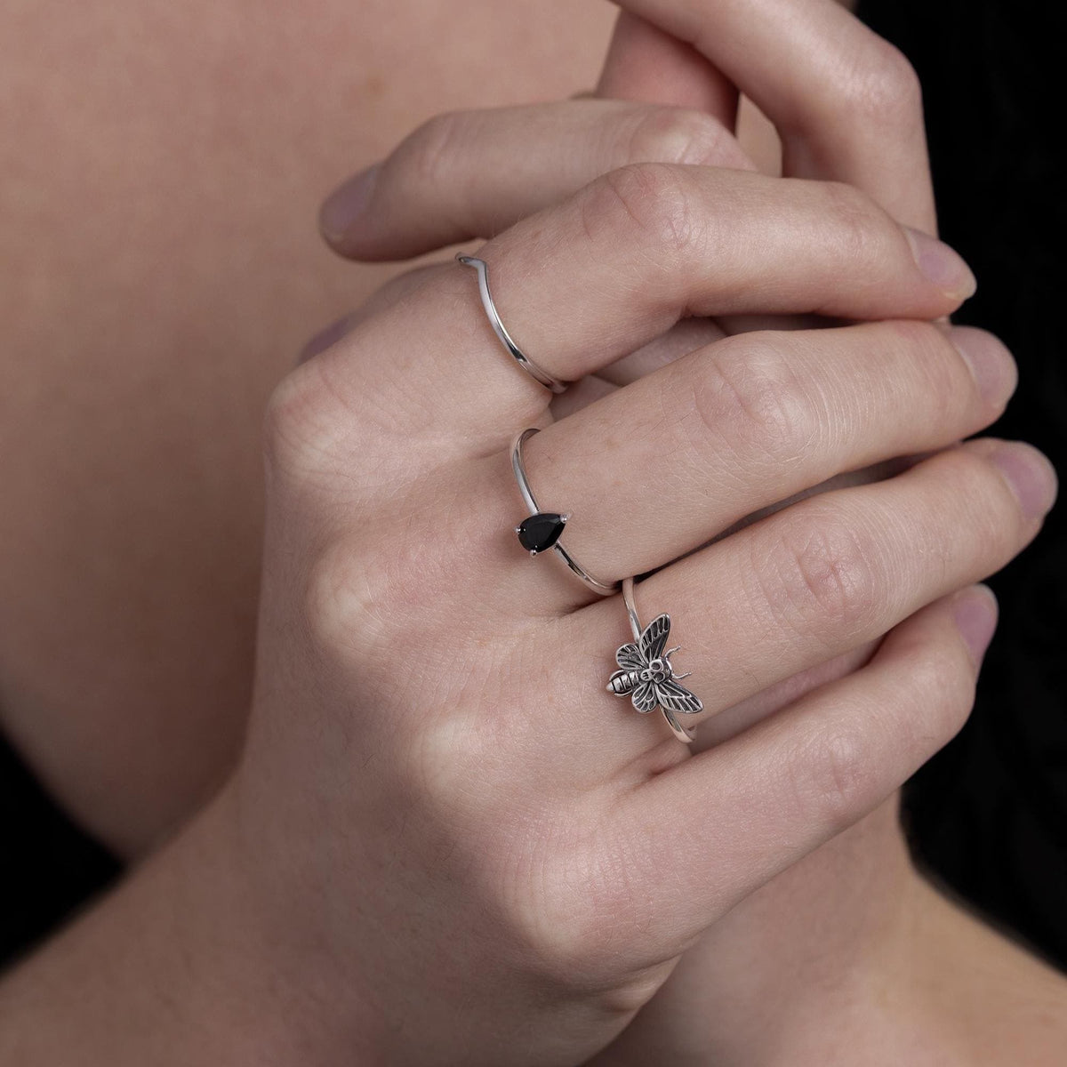Black Onyx Prong Set Pear Cut Droplet Gemstone Ring
