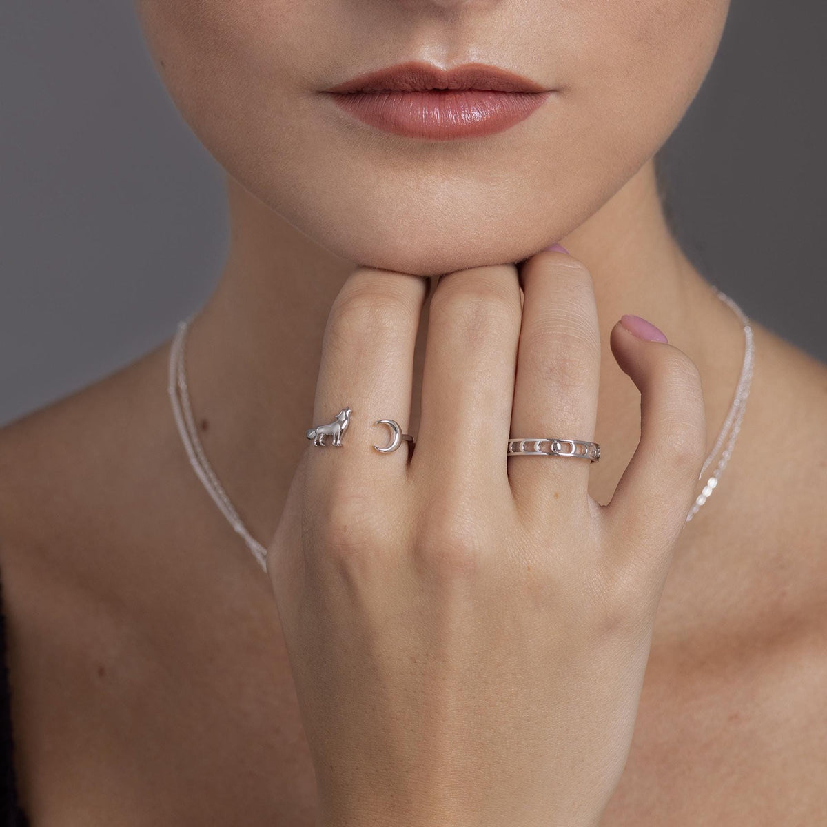 Howling Wolf and Moon Open Ring