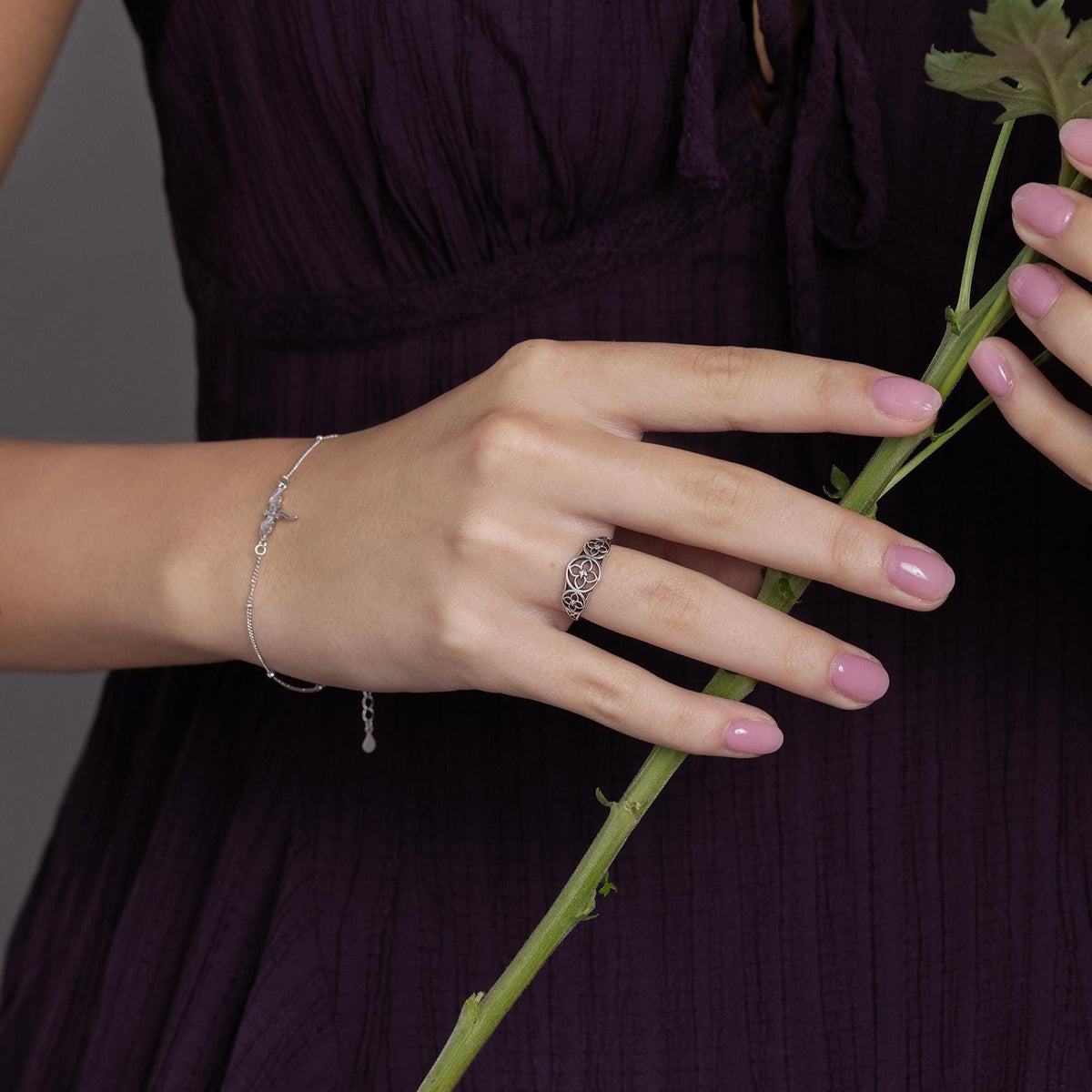 Sterling Silver Floral Cutout Adjustable Ring