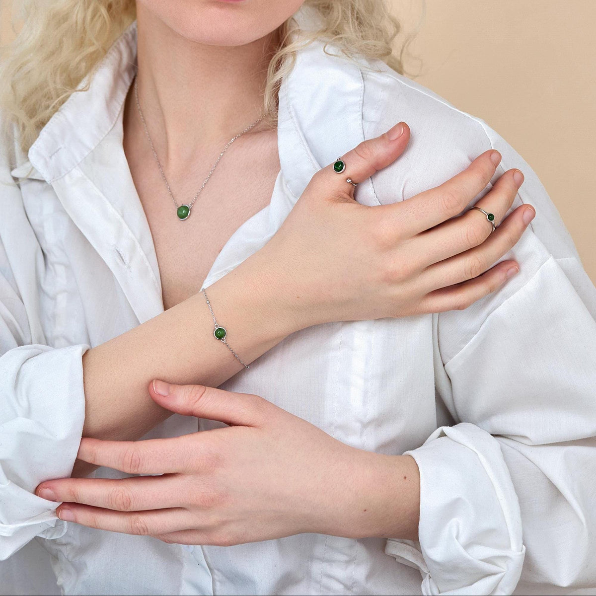 Green Jade Gemstone Bracelet with Satellite Chain