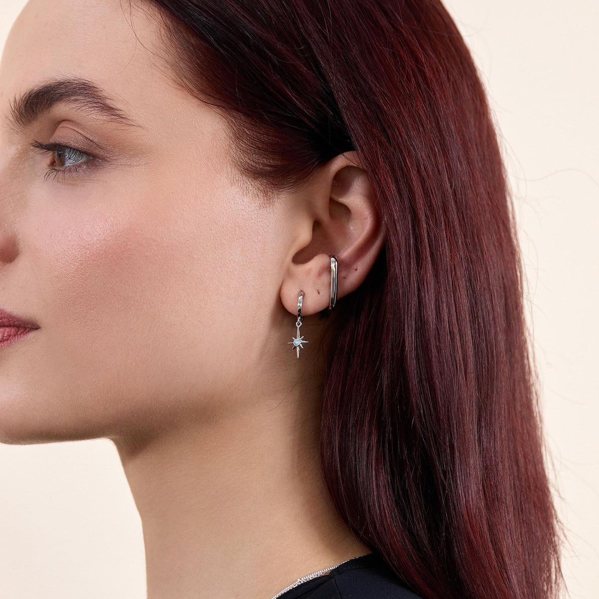 Opal Starburst Huggie Hoop Earrings in Sterling Silver, Blue Opal North Star Drop Earrings, Delicate Blue Opal Star Earrings