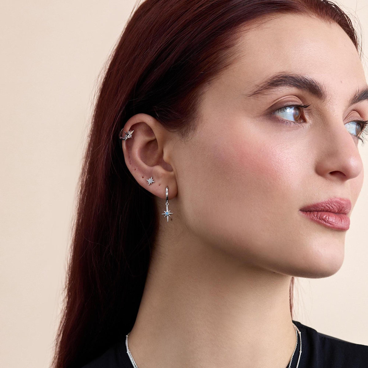 Opal Starburst Huggie Hoop Earrings in Sterling Silver, Blue Opal North Star Drop Earrings, Delicate Blue Opal Star Earrings