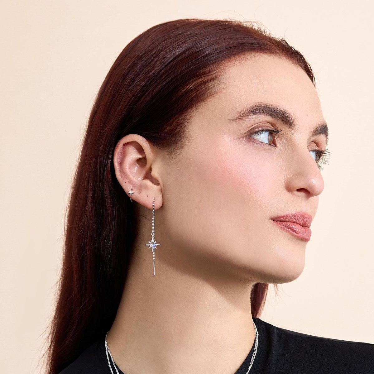 Starburst Star Huggie Hoop Earrings in Sterling Silver, Tiny North Star CZ Trio Open Hoops, Pull Through Threaders, Half Hoops