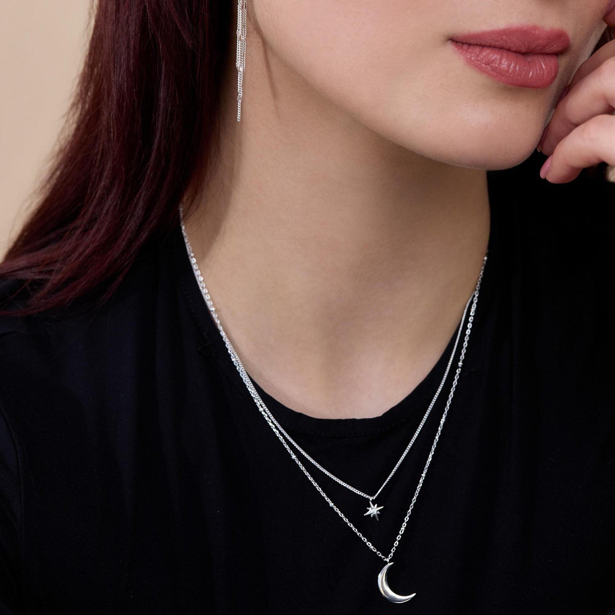 Moon and Star Layered Pendant Necklace