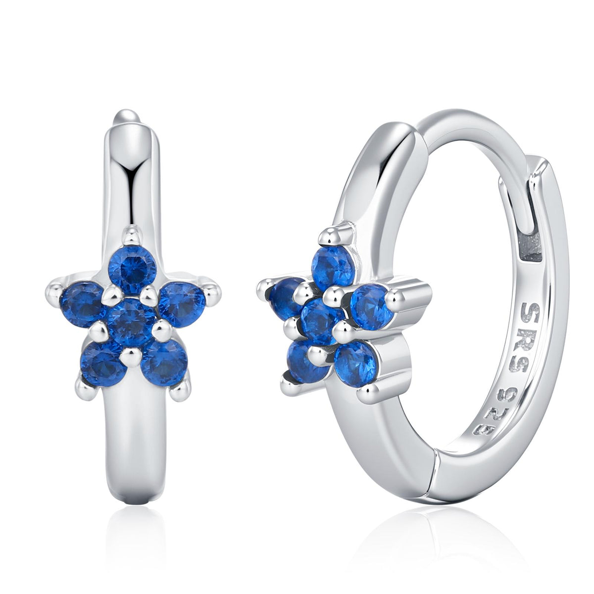 Tiny Sapphire Blue CZ Flower Huggie Hoops, CZ Hoop Earrings, Crystal Flower Huggie Earrings, September Birthstone