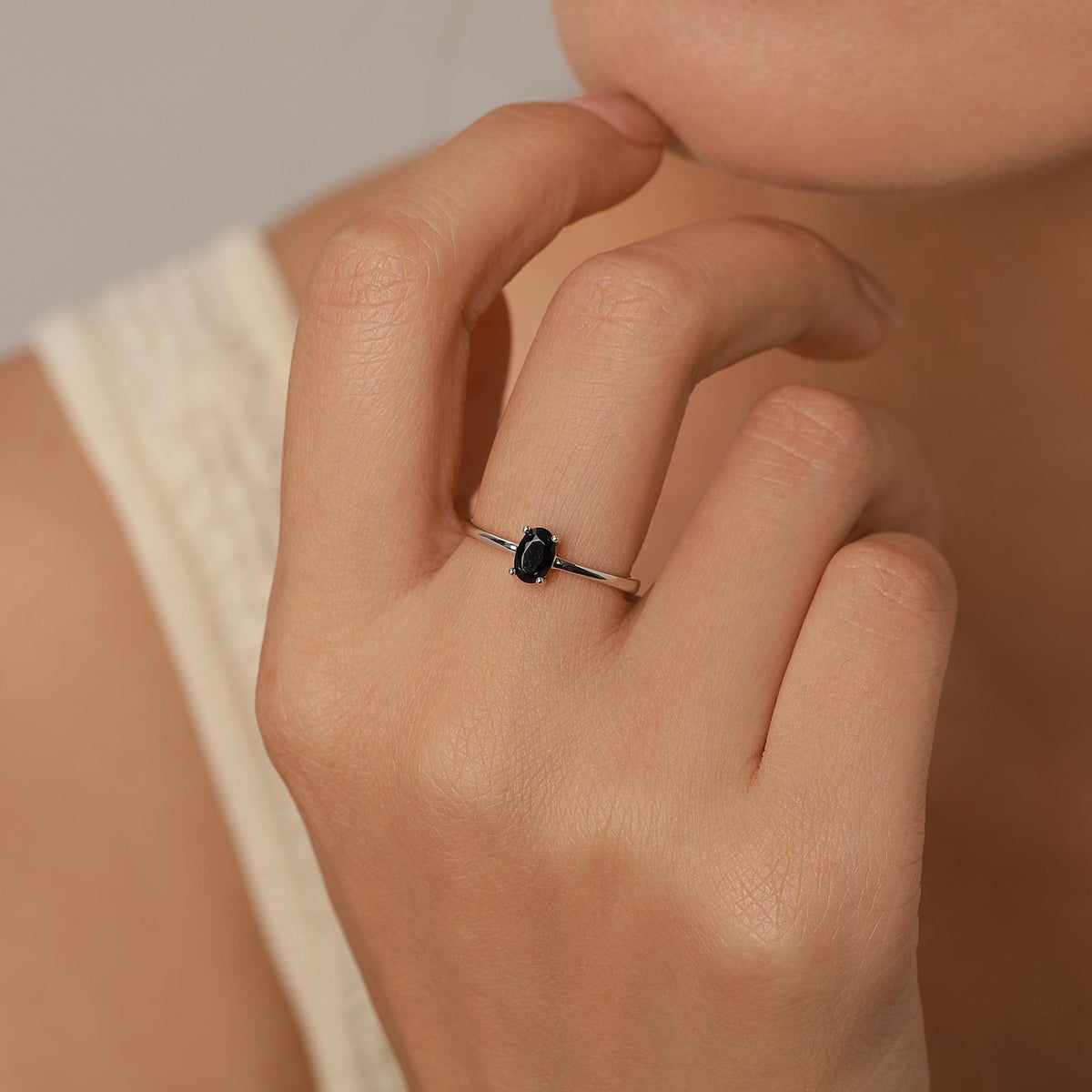 Black Onyx Prong Set Oval Cut Gemstone Ring