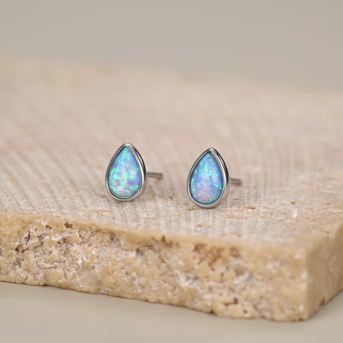 Blue Opal Droplet Stud Earrings in Sterling Silver