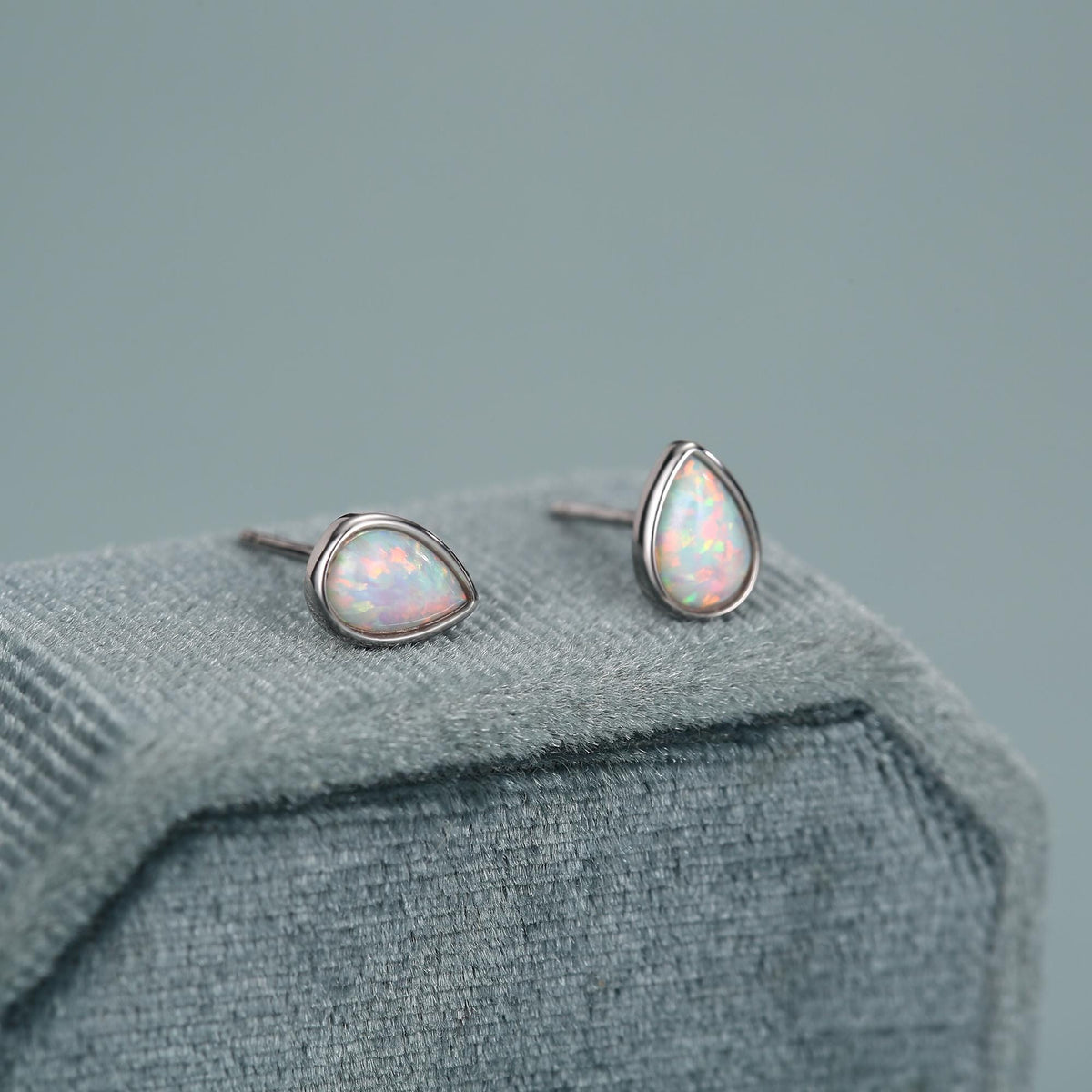 White Opal Droplet Stud Earrings in Sterling Silver