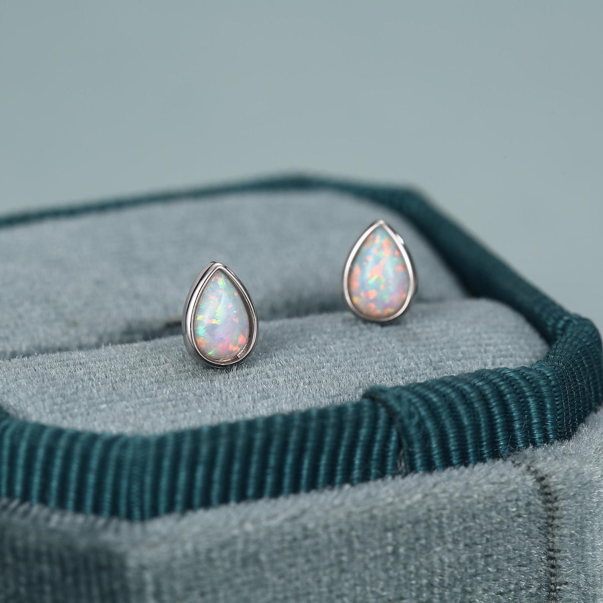 White Opal Droplet Stud Earrings in Sterling Silver
