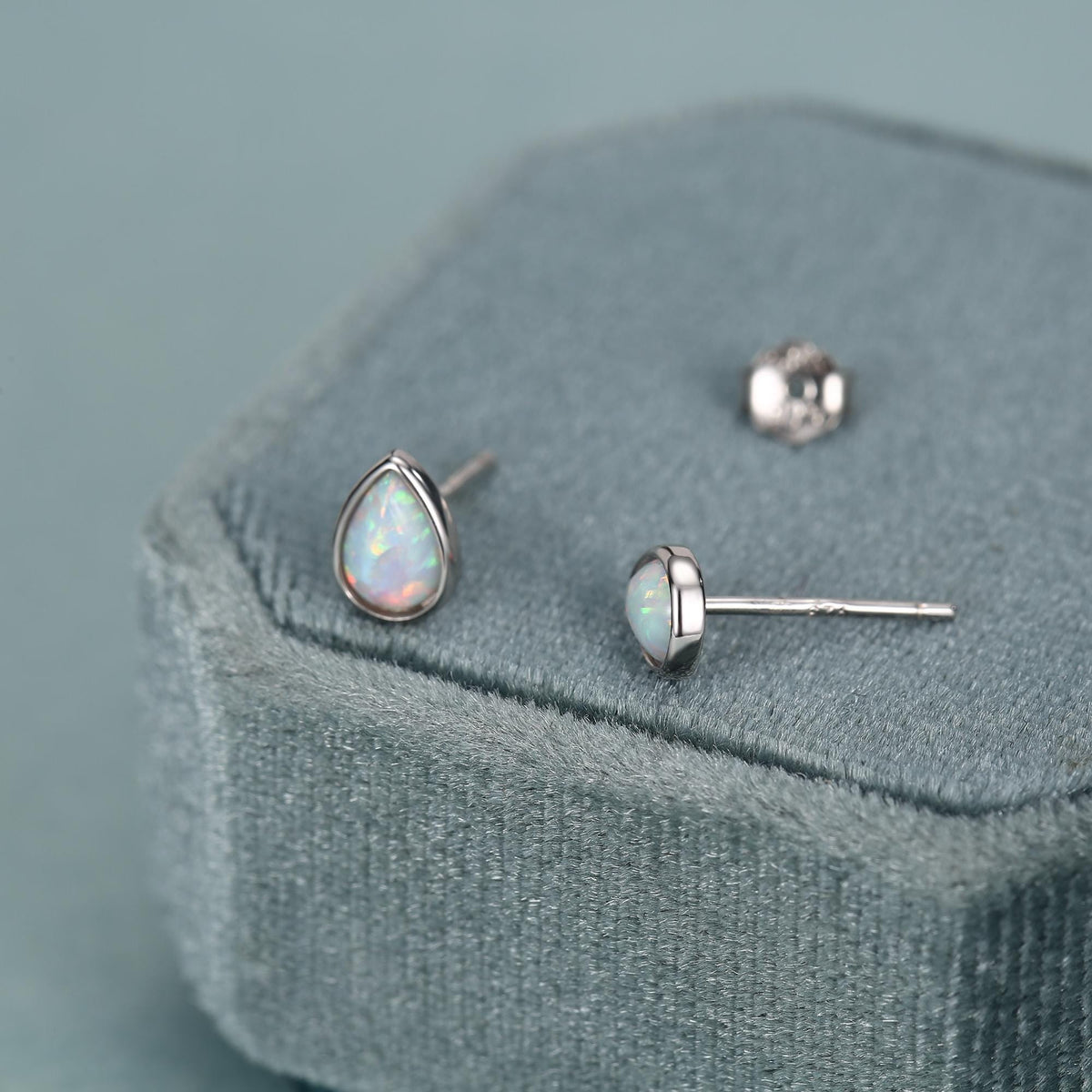 White Opal Droplet Stud Earrings in Sterling Silver
