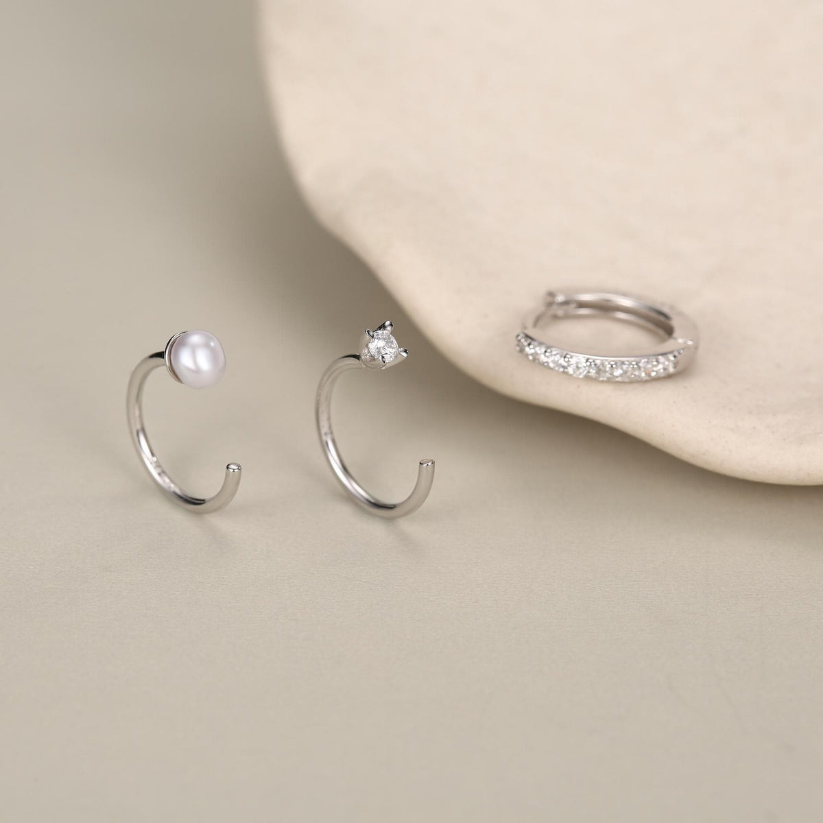 Set of Three Sterling Silver Pearl and CZ Hoop Earrings