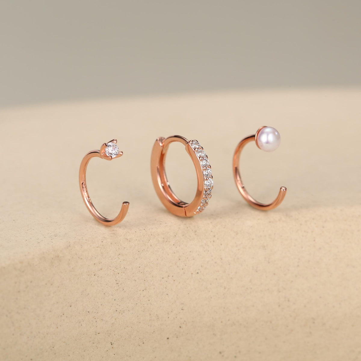 Set of Three Sterling Silver Pearl and CZ Hoop Earrings