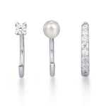 Set of Three Sterling Silver Pearl and CZ Hoop Earrings