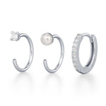 Set of Three Sterling Silver Pearl and CZ Hoop Earrings
