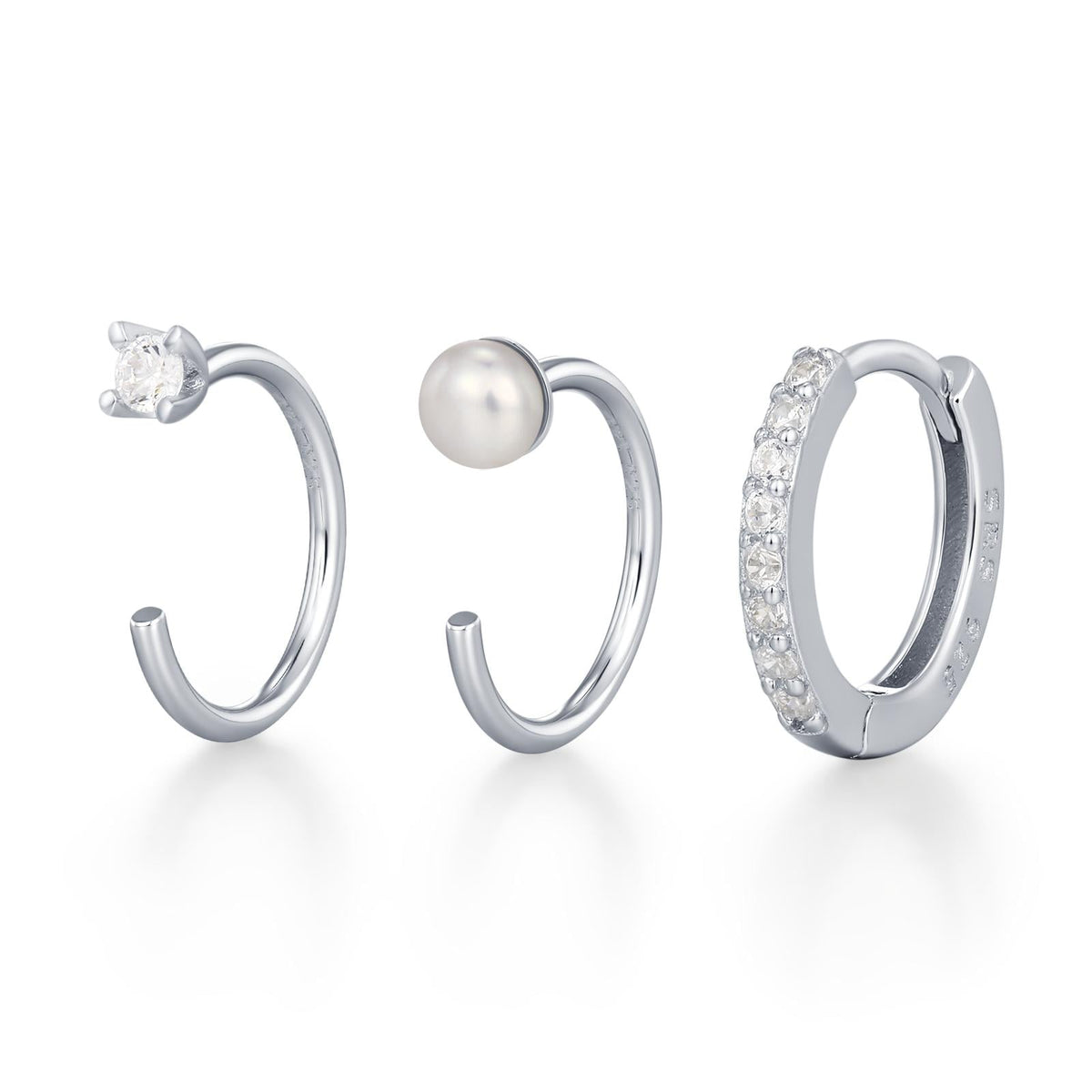 Set of Three Sterling Silver Pearl and CZ Hoop Earrings