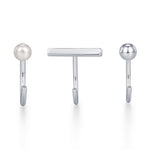 Set of Three Sterling Silver Pearl Bar Sphere Open Hoop Earrings