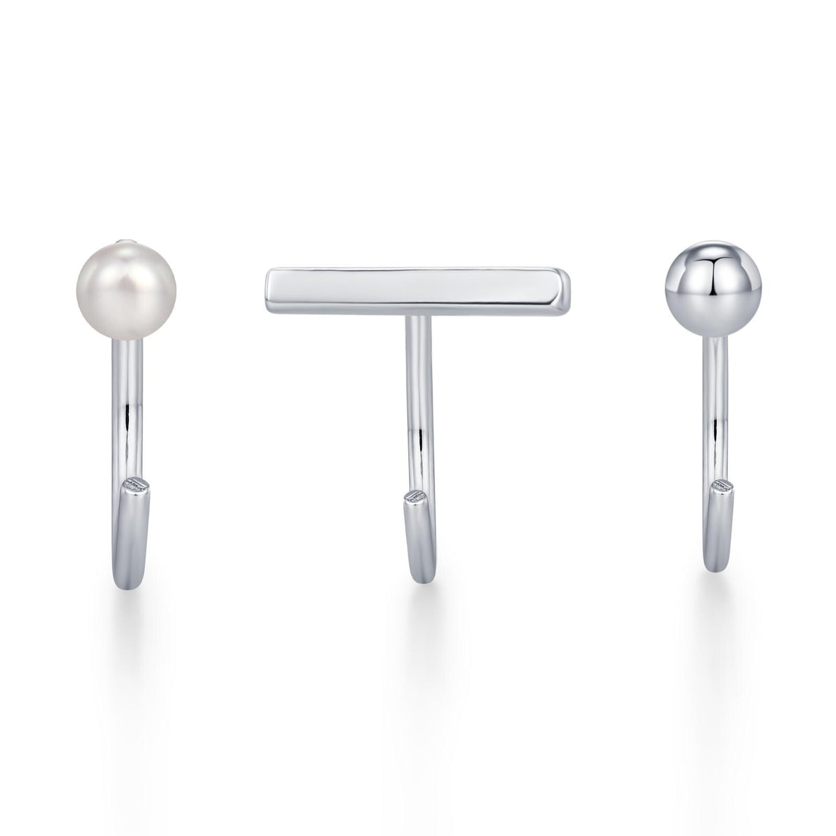 Set of Three Sterling Silver Pearl Bar Sphere Open Hoop Earrings
