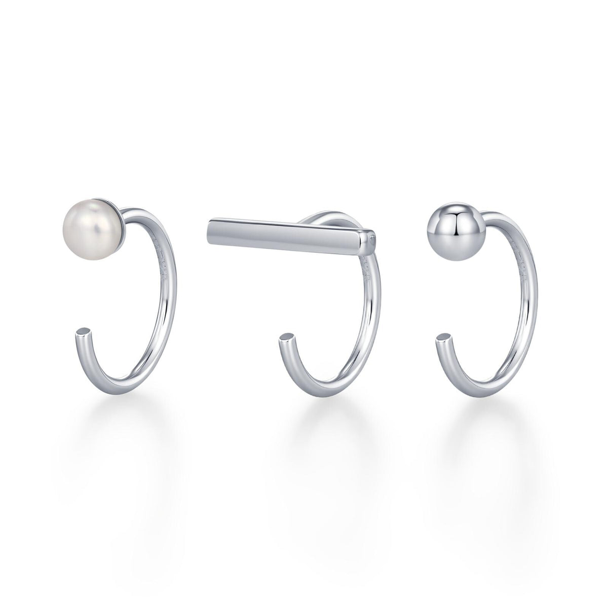 Set of Three Sterling Silver Pearl Bar Sphere Open Hoop Earrings