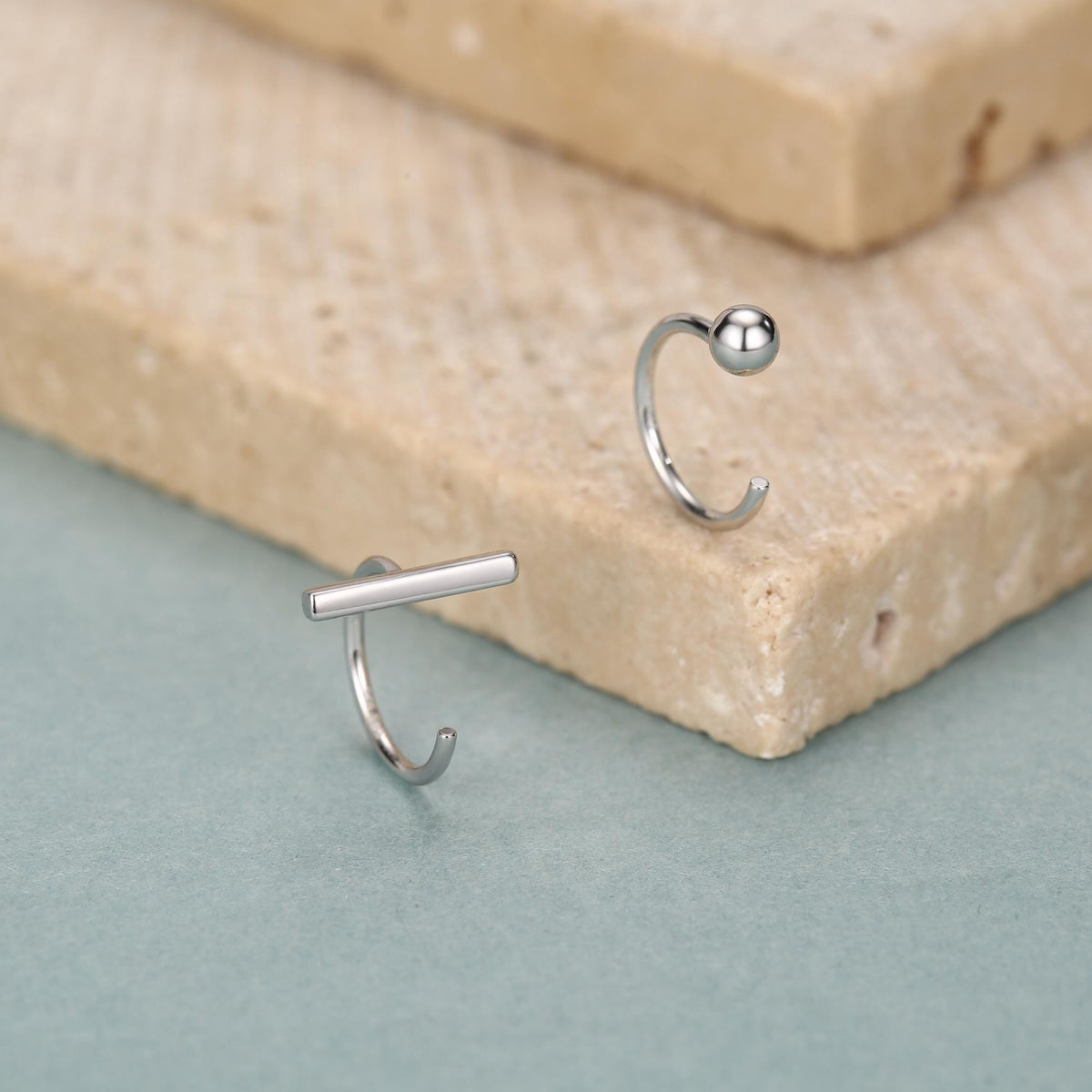 Sterling Silver Mismatched Bar and Sphere Open Hoop Earrings