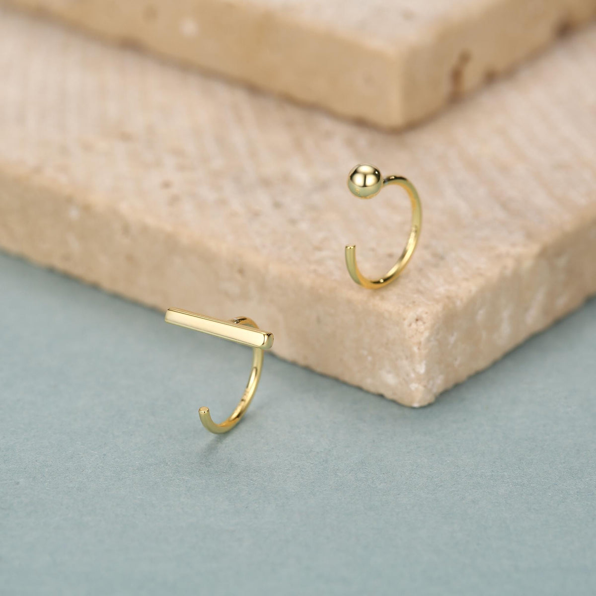 Sterling Silver Mismatched Bar and Sphere Open Hoop Earrings