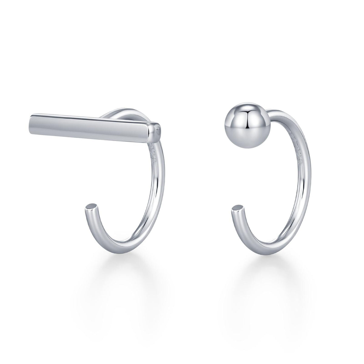 Sterling Silver Mismatched Bar and Sphere Open Hoop Earrings