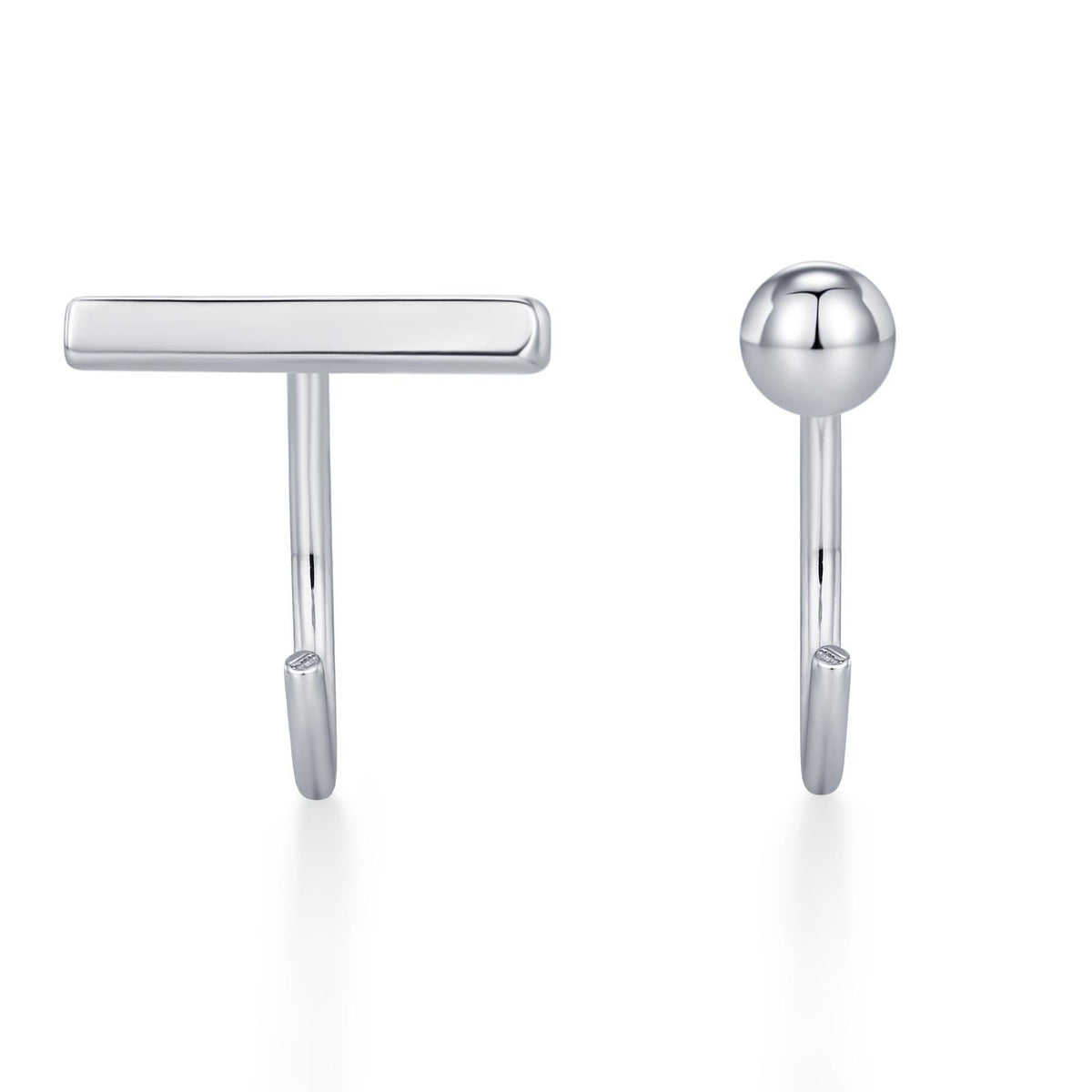 Sterling Silver Mismatched Bar and Sphere Open Hoop Earrings