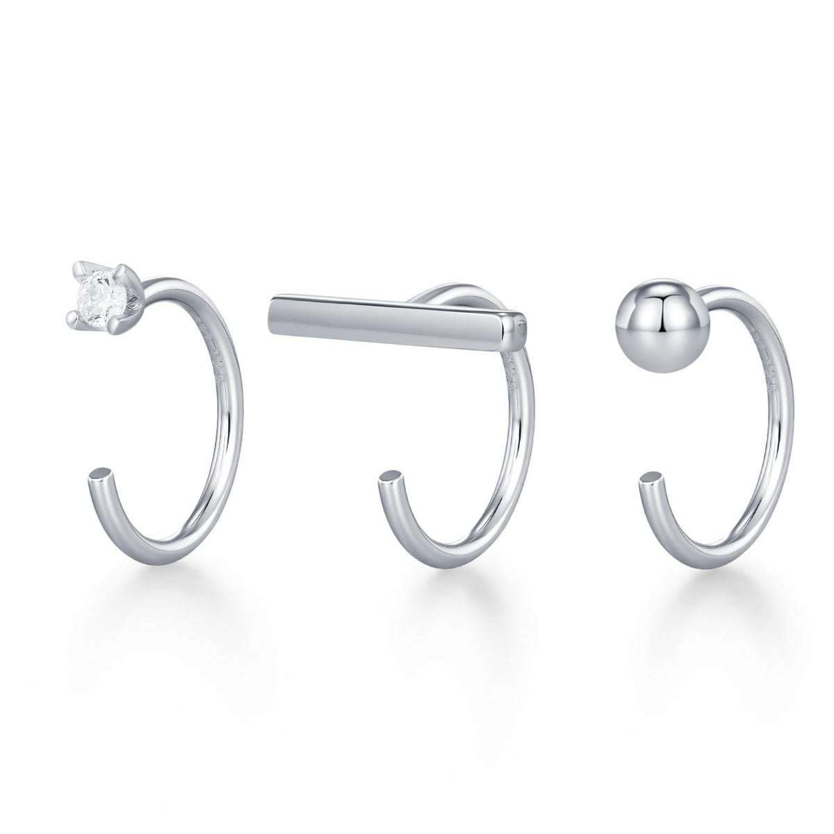 Set of Three Sterling Silver CZ Bar Sphere Open Hoop Earrings