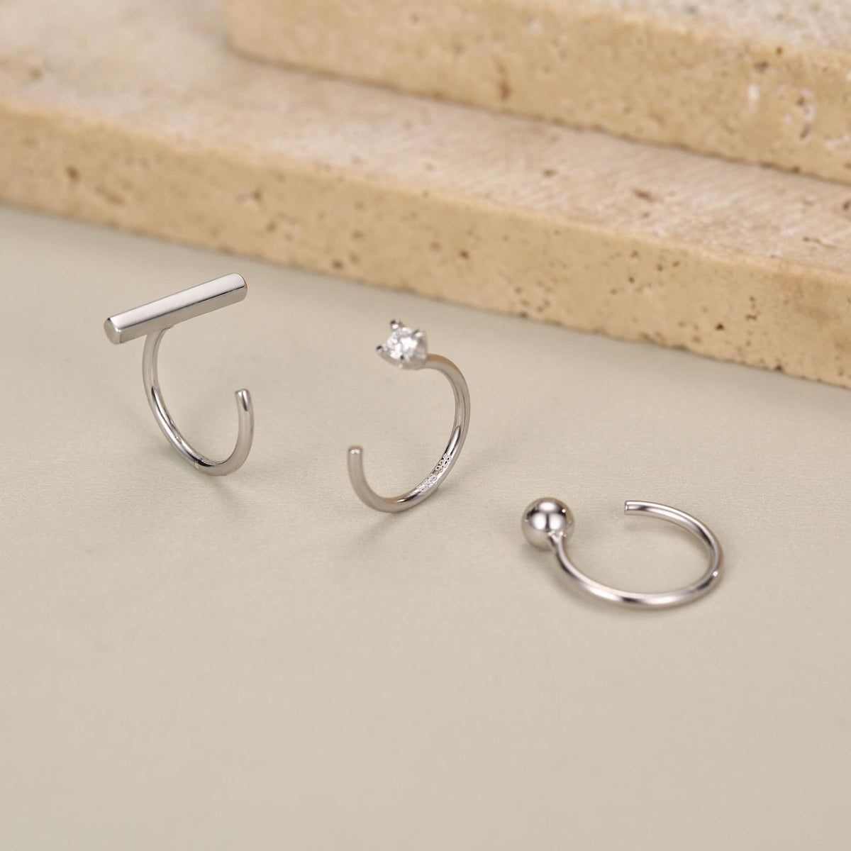 Set of Three Sterling Silver CZ Bar Sphere Open Hoop Earrings