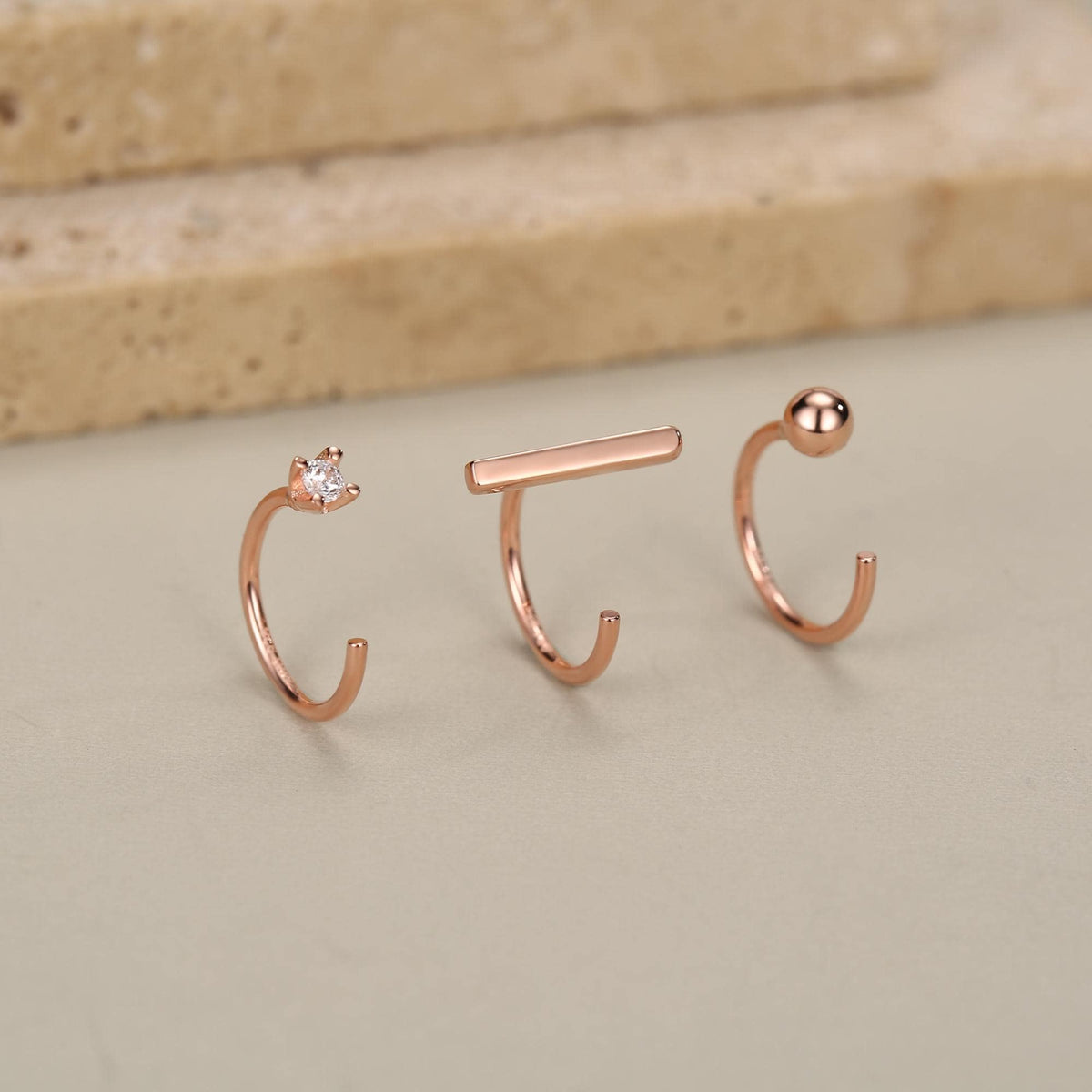 Set of Three Sterling Silver CZ Bar Sphere Open Hoop Earrings