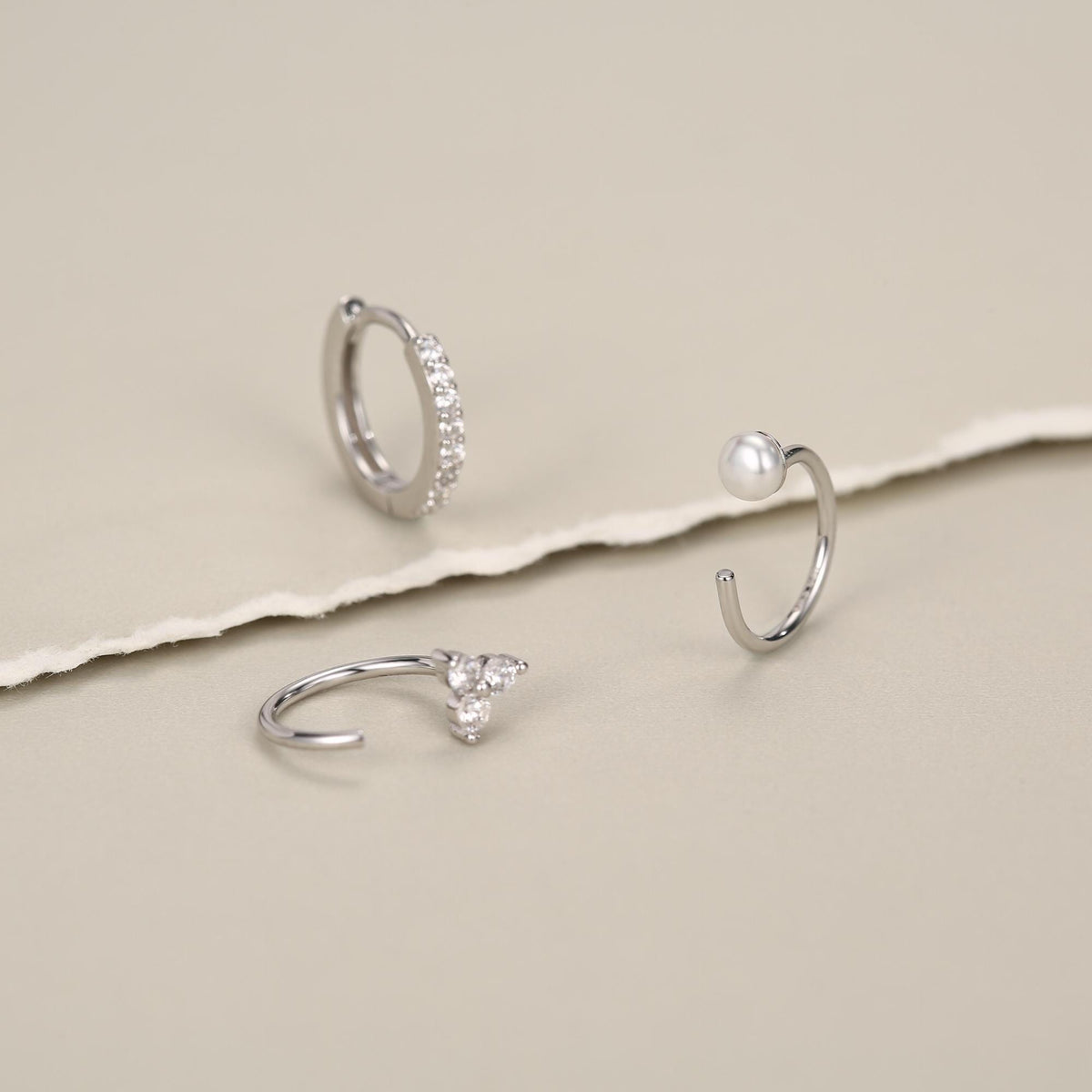 Set of Three Sterling Silver Pearl CZ Open Hoop Earrings