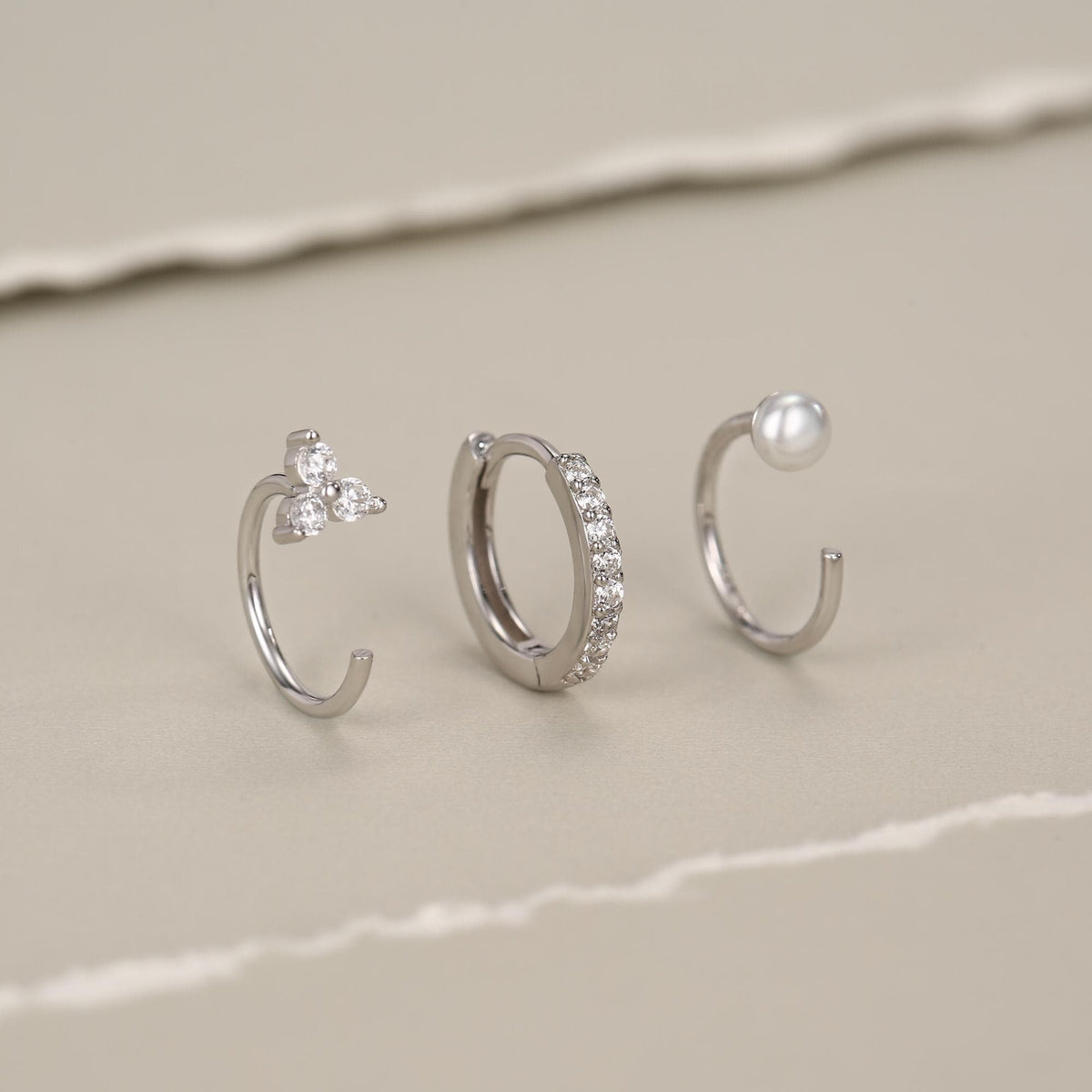 Set of Three Sterling Silver Pearl CZ Open Hoop Earrings