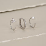Set of Three Sterling Silver Pearl CZ Open Hoop Earrings