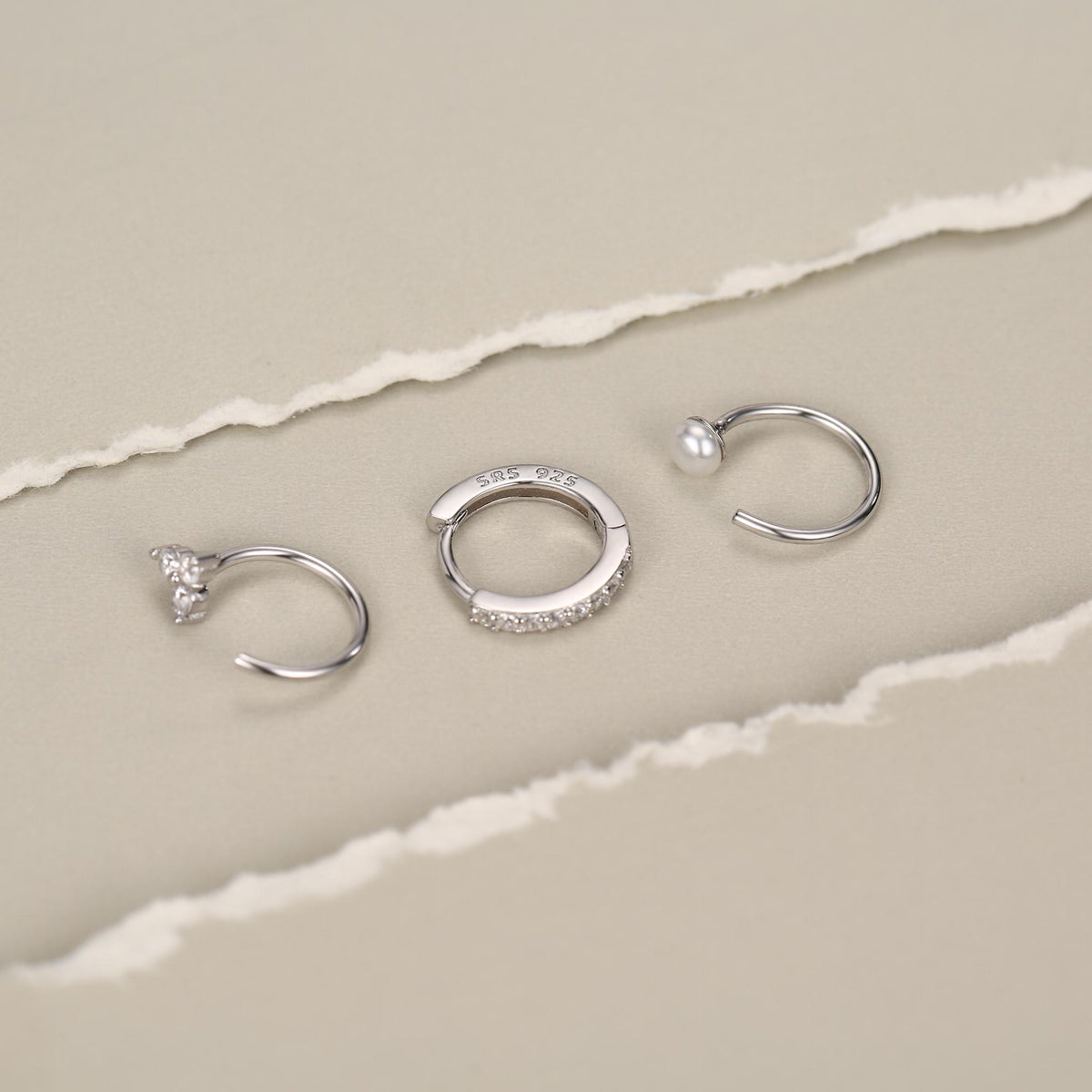 Set of Three Sterling Silver Pearl CZ Open Hoop Earrings