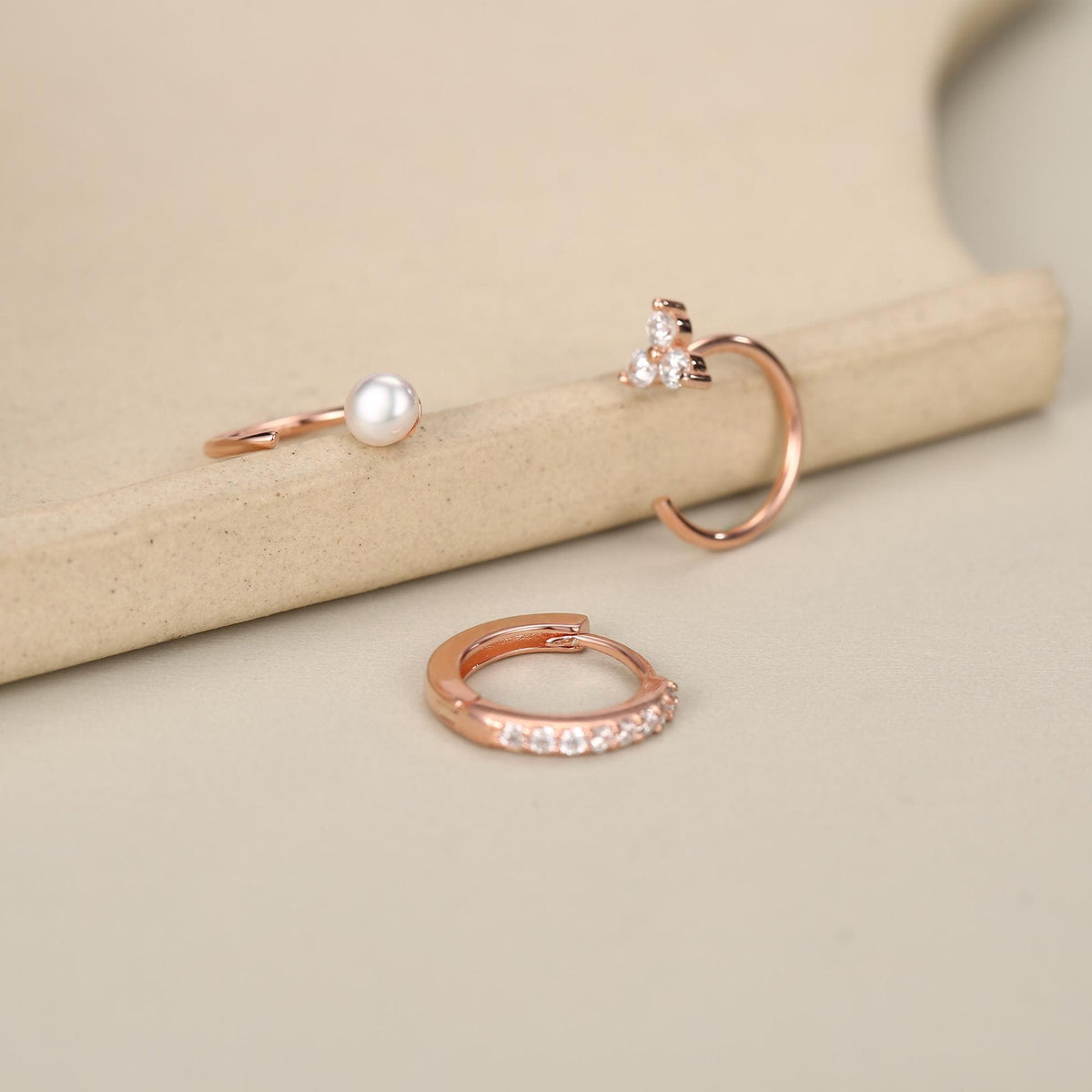 Set of Three Sterling Silver Pearl CZ Open Hoop Earrings